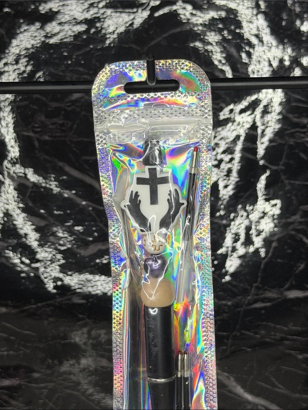 Black Cross Focal Bead Pen  Black and Blue Ink